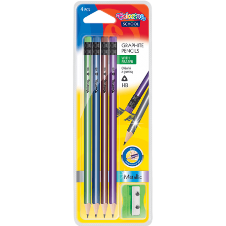 Ołówki trójkątne HB plus z gumką + temperówka metaliczne kolory 4szt - Cool-pack.pl