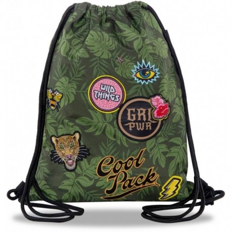 Worek sportowy / plecak na sznurkach CoolPack CP SPRINT BADGES G GREEN z naszywkami tropikalny ZIELONY khaki dla dziewczyn - Cool-pack.pl